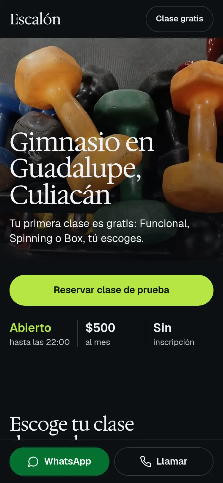 Abrir la demo en vivo de Escalón, landing de gimnasio