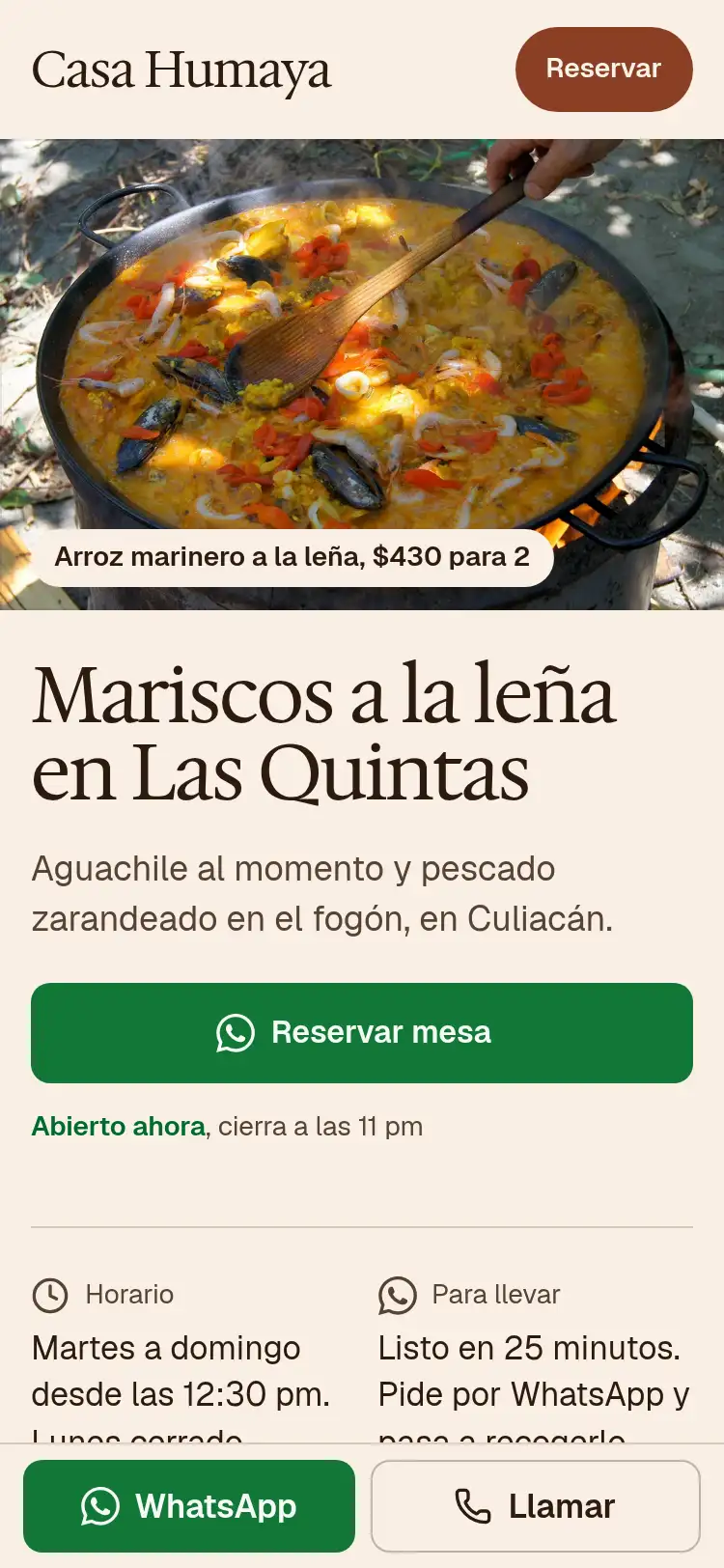 Abrir la demo en vivo de Casa Humaya, landing de restaurante
